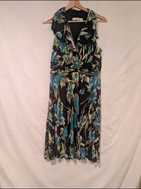 Evan Picone Black Floral Sleeveless V-Neck Midi Dress with Teal & Lime Accents